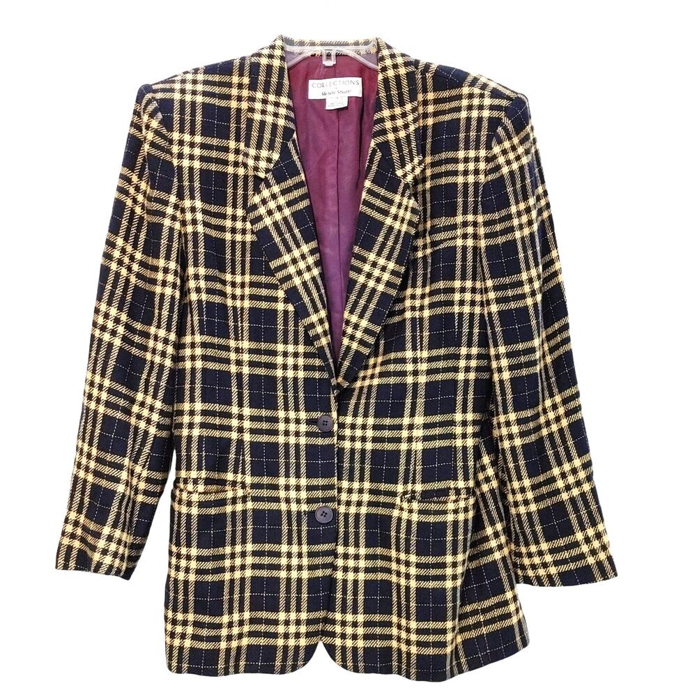 Collections by Michelle Stuart Plaid Blazer Two-Button Navy Yellow Womens Size 8